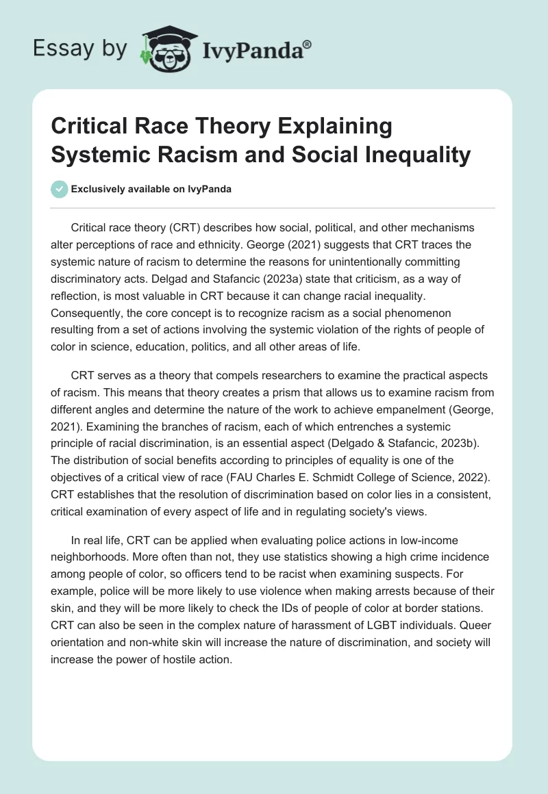 Critical Race Theory Explaining Systemic Racism and Social Inequality. Page 1