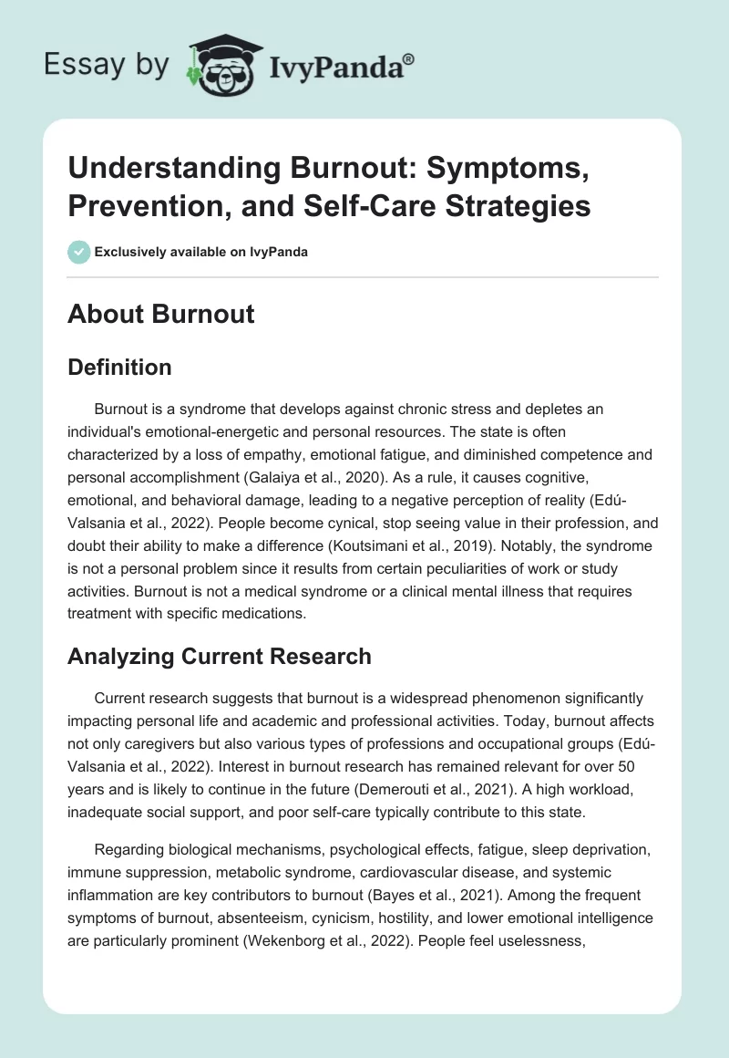 Understanding Burnout: Symptoms, Prevention, and Self-Care Strategies. Page 1