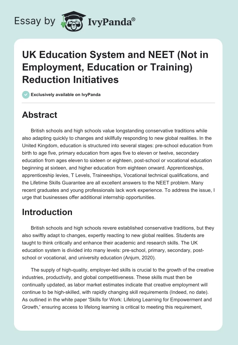 UK Education System and NEET (Not in Employment, Education or Training) Reduction Initiatives. Page 1