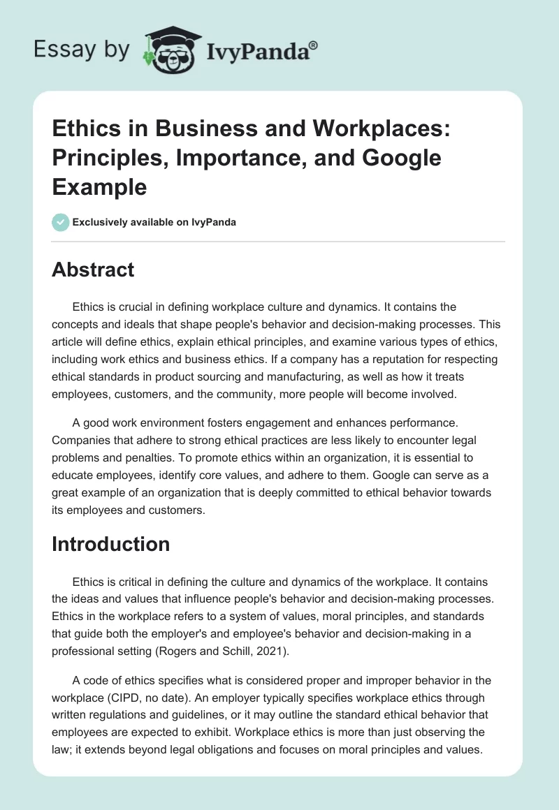 Ethics in Business and Workplaces: Principles, Importance, and Google Example. Page 1