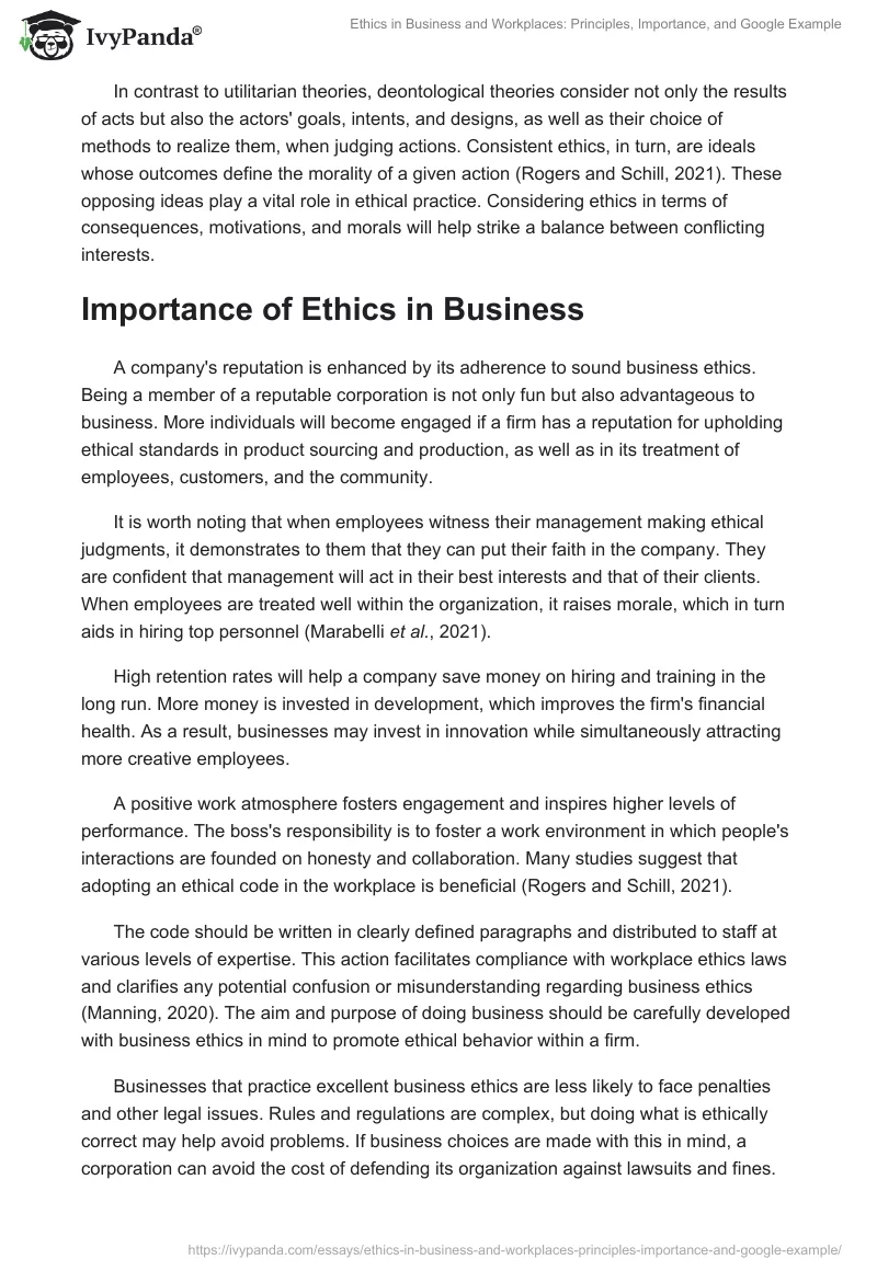 Ethics in Business and Workplaces: Principles, Importance, and Google Example. Page 2
