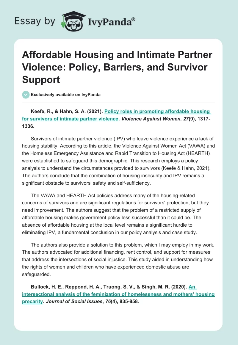 Affordable Housing and Intimate Partner Violence: Policy, Barriers, and Survivor Support. Page 1