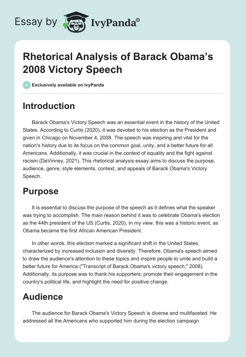 Rhetorical Analysis of Barack Obama’s 2008 Victory Speech. Page 1