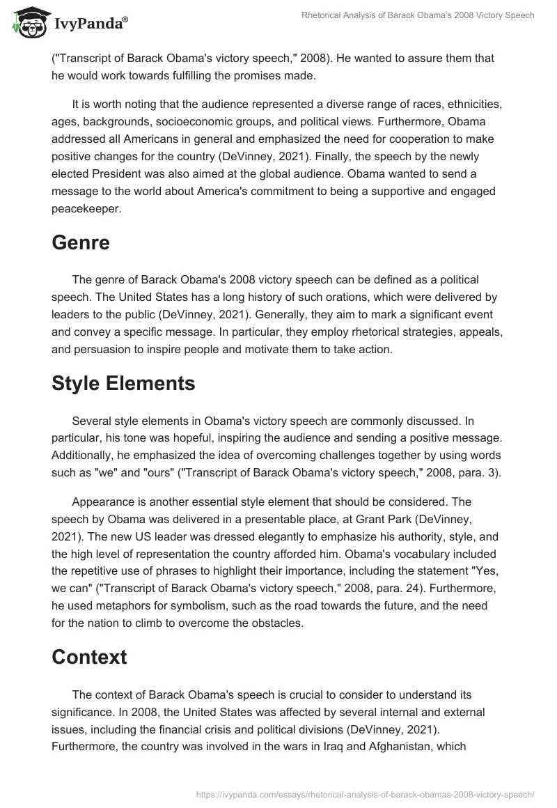 Rhetorical Analysis of Barack Obama’s 2008 Victory Speech. Page 2