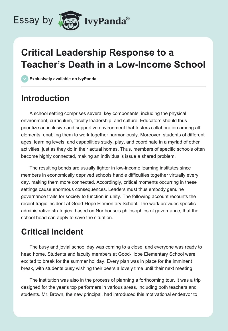 Critical Leadership Response to a Teacher’s Death in a Low-Income School. Page 1