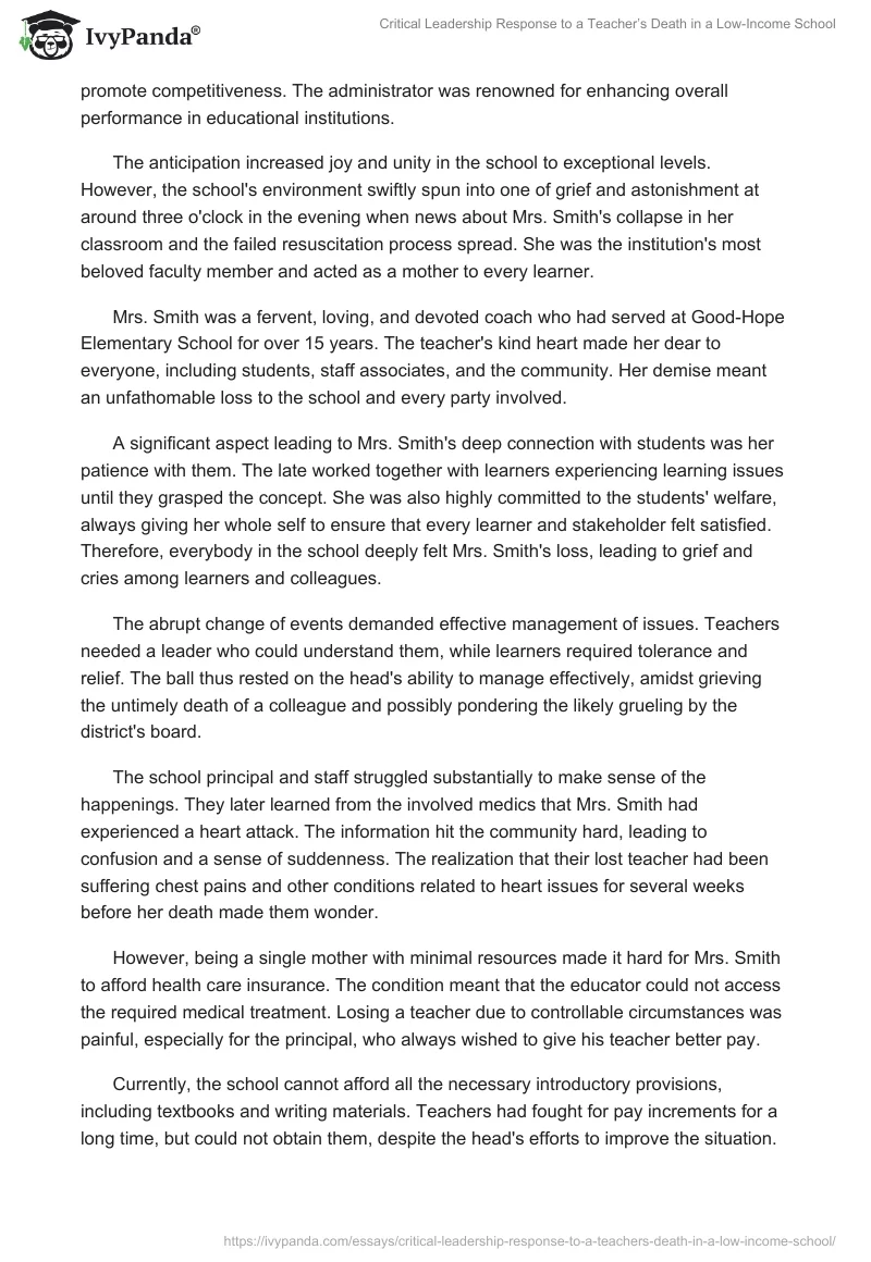 Critical Leadership Response to a Teacher’s Death in a Low-Income School. Page 2