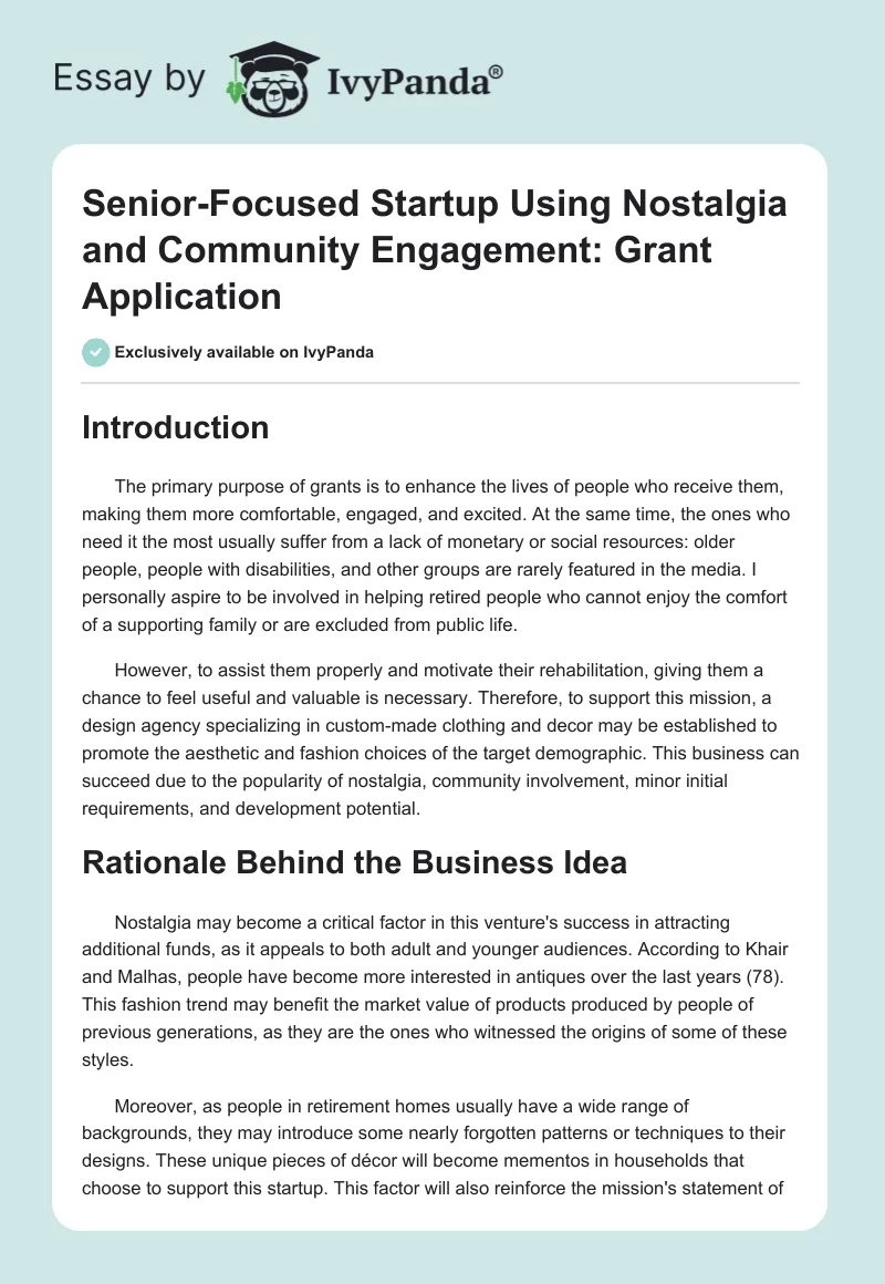 Senior-Focused Startup Using Nostalgia and Community Engagement: Grant Application. Page 1