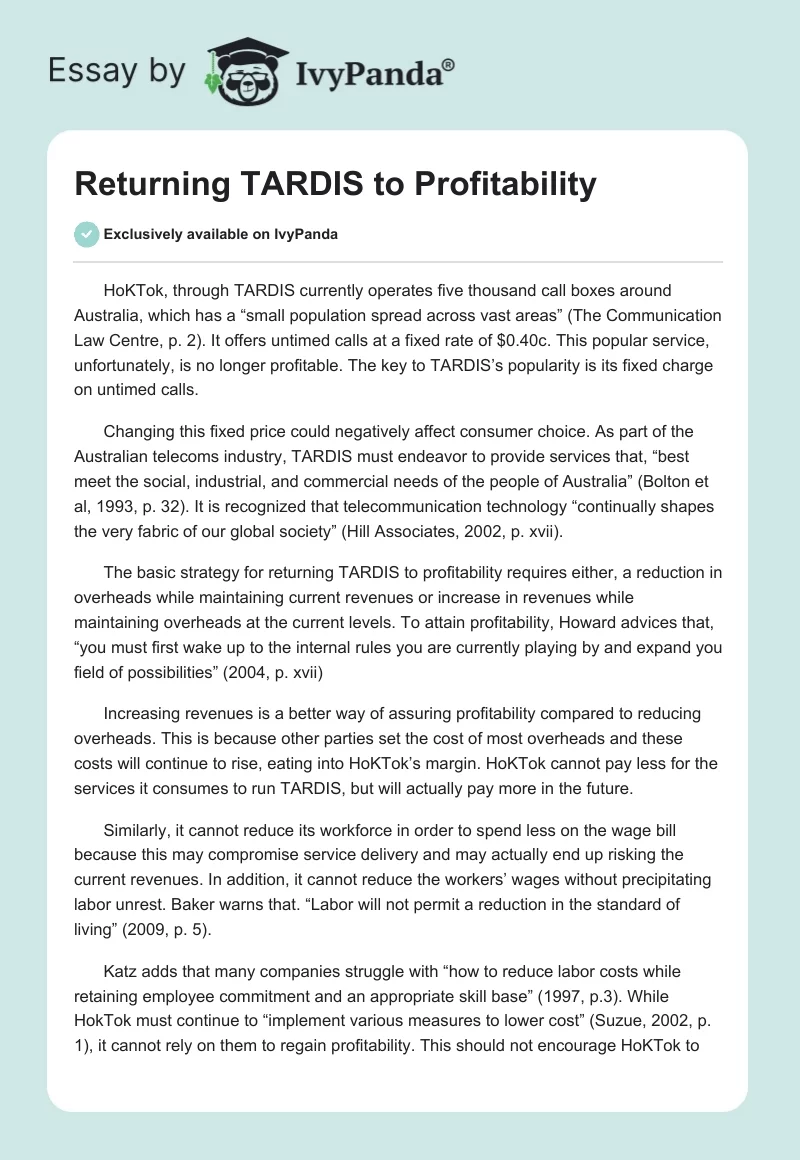 Returning TARDIS to Profitability. Page 1
