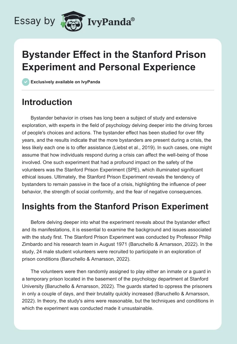 Bystander Effect in the Stanford Prison Experiment and Personal Experience. Page 1