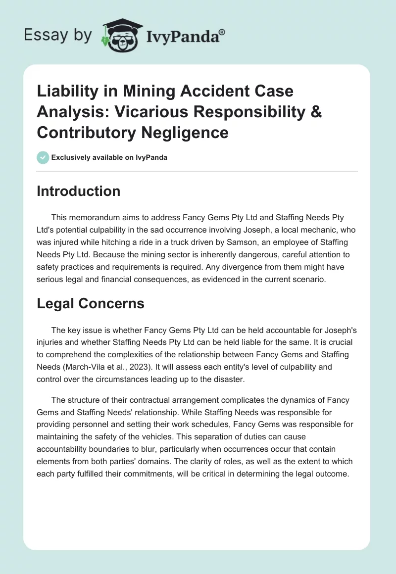 Liability in Mining Accident Case Analysis: Vicarious Responsibility & Contributory Negligence. Page 1