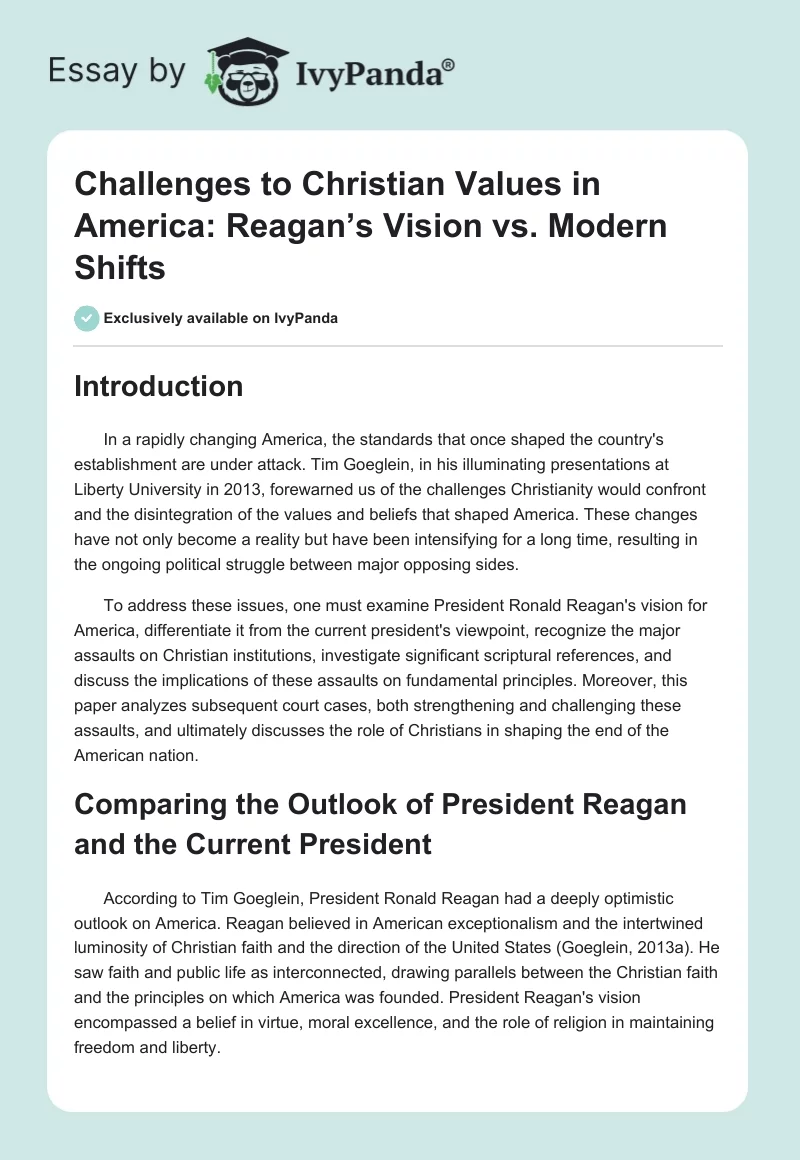 Challenges to Christian Values in America: Reagan’s Vision vs. Modern Shifts. Page 1