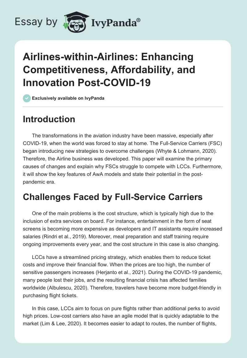 Airlines-within-Airlines: Enhancing Competitiveness, Affordability, and Innovation Post-COVID-19. Page 1