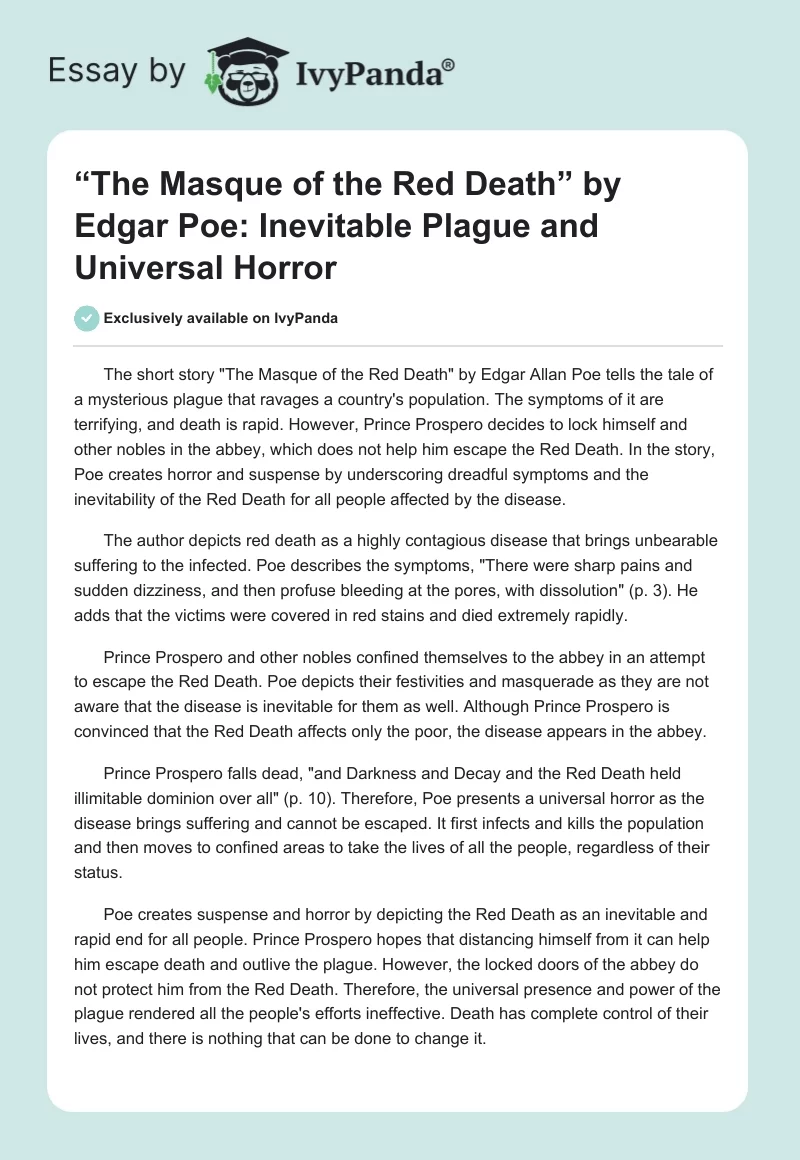 “The Masque of the Red Death” by Edgar Poe: Inevitable Plague and Universal Horror. Page 1