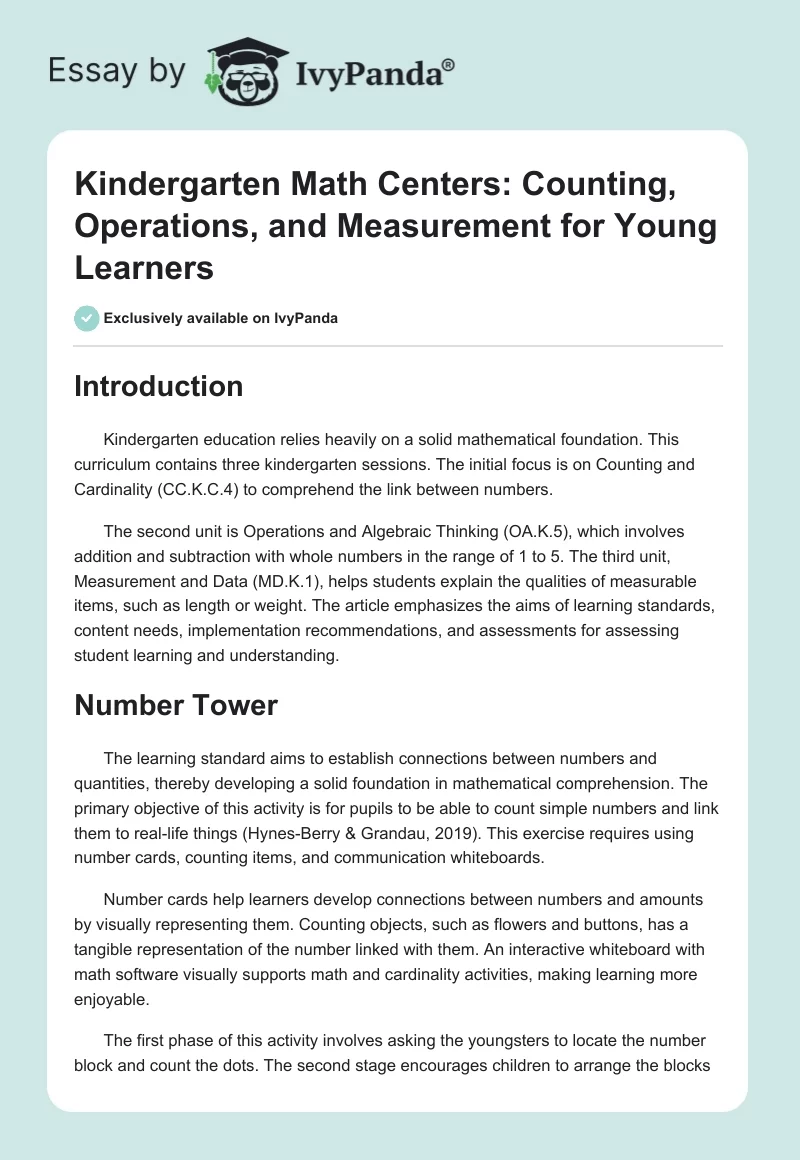 Kindergarten Math Centers: Counting, Operations, and Measurement for Young Learners. Page 1