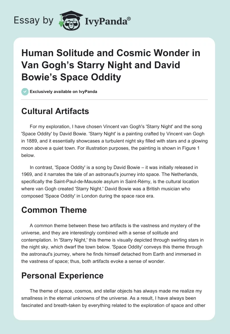 Human Solitude and Cosmic Wonder in Van Gogh’s Starry Night and David Bowie’s Space Oddity. Page 1