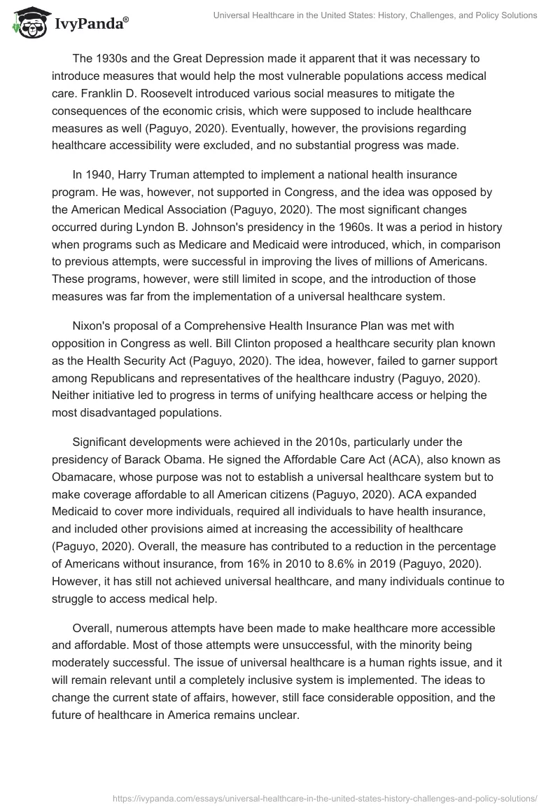 Universal Healthcare in the United States: History, Challenges, and Policy Solutions. Page 2