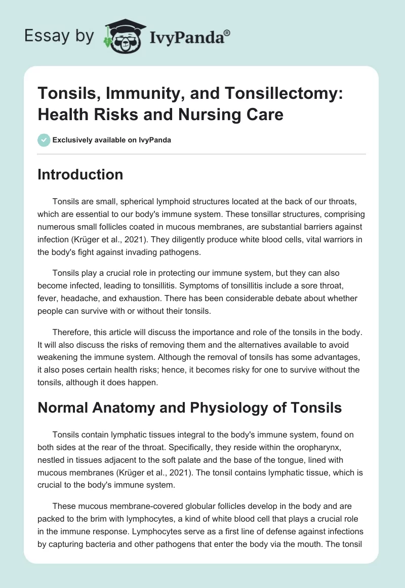 Tonsils, Immunity, and Tonsillectomy: Health Risks and Nursing Care. Page 1