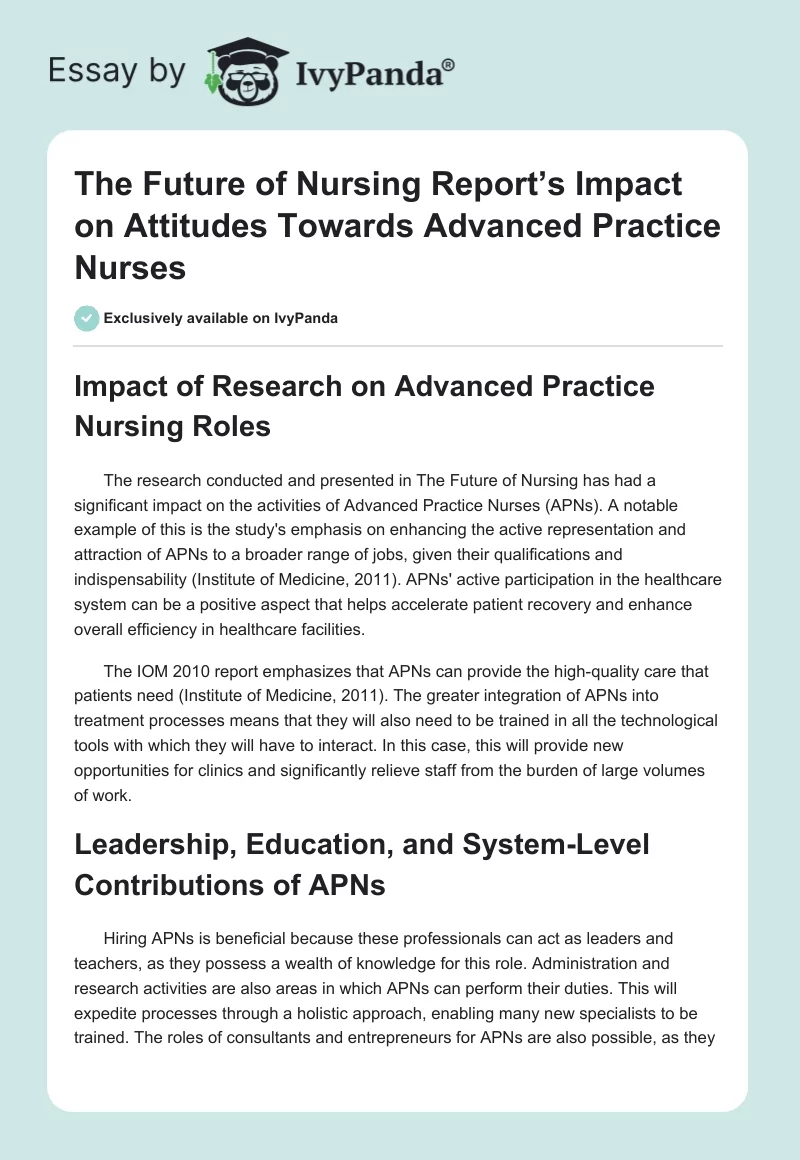The Future of Nursing Report’s Impact on Attitudes Towards Advanced Practice Nurses. Page 1