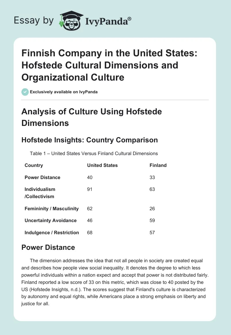 Finnish Company in the United States: Hofstede Cultural Dimensions and Organizational Culture. Page 1