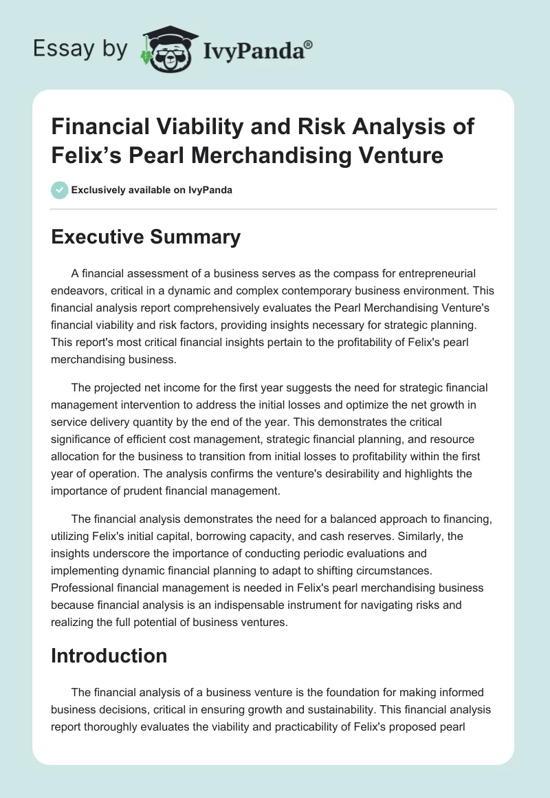 Financial Viability and Risk Analysis of Felix’s Pearl Merchandising Venture. Page 1