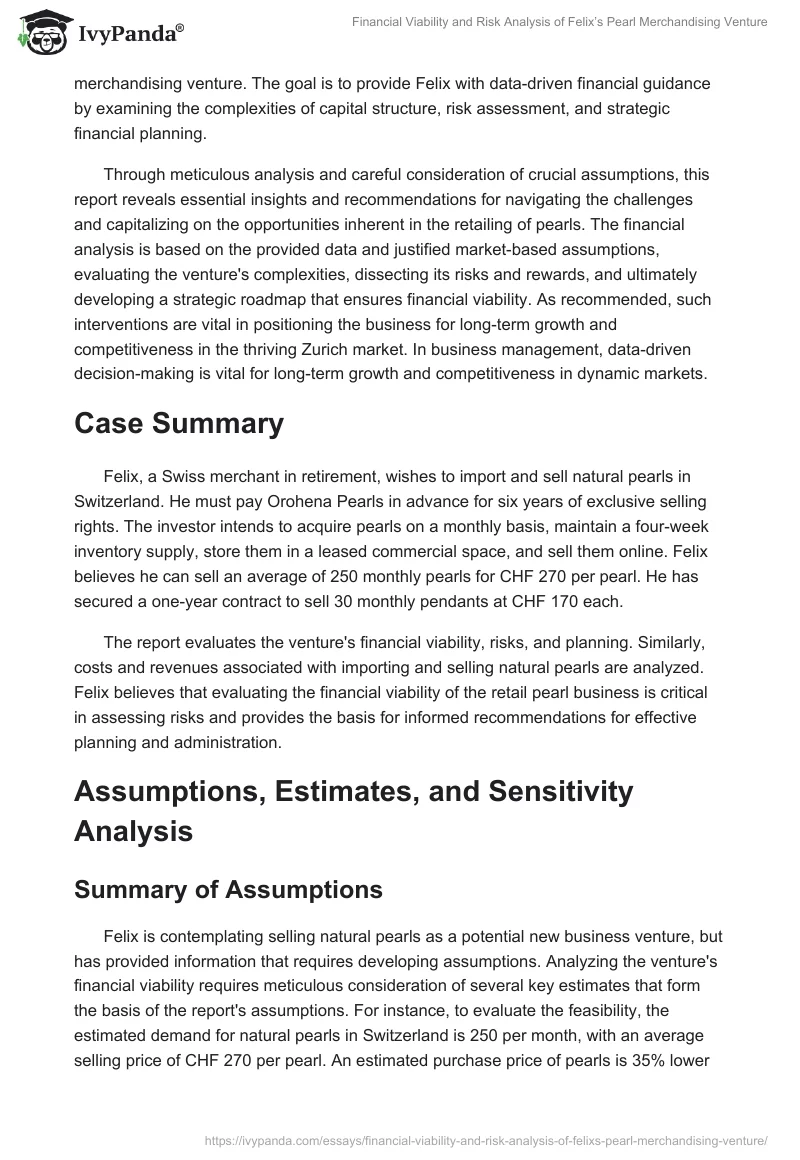 Financial Viability and Risk Analysis of Felix’s Pearl Merchandising Venture. Page 2