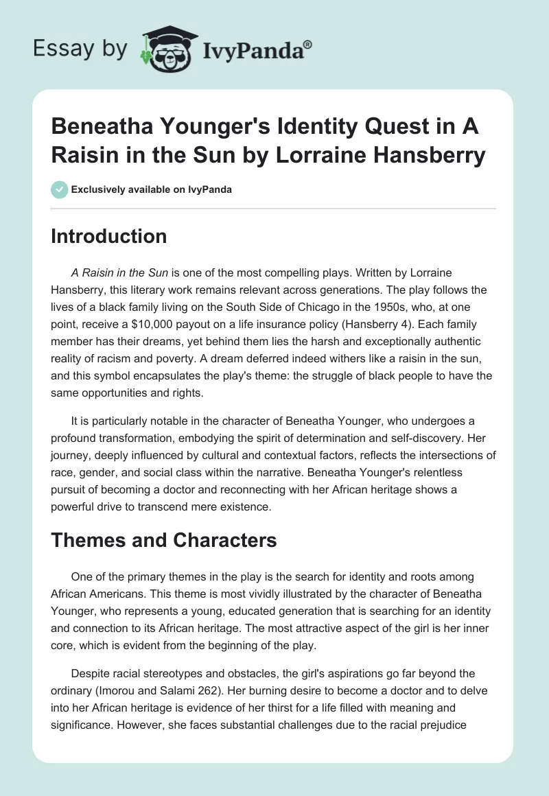 Beneatha Younger's Identity Quest in "A Raisin in the Sun" by Lorraine Hansberry. Page 1