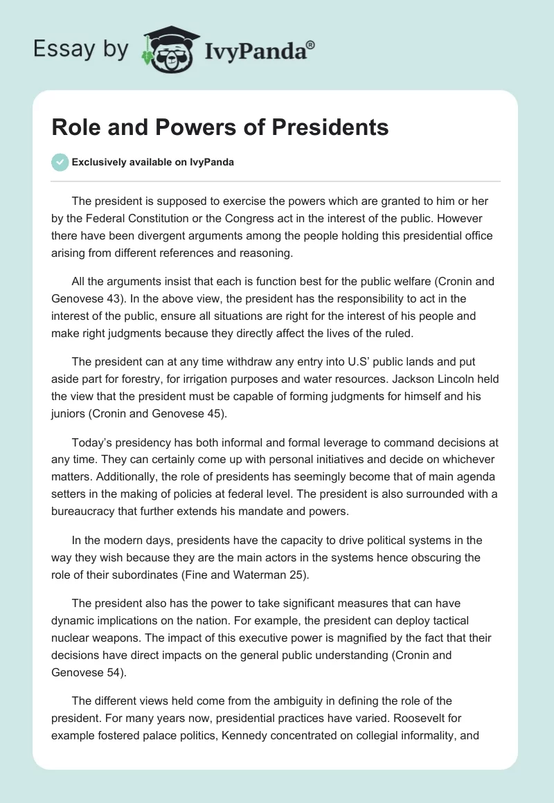 Role and Powers of Presidents. Page 1
