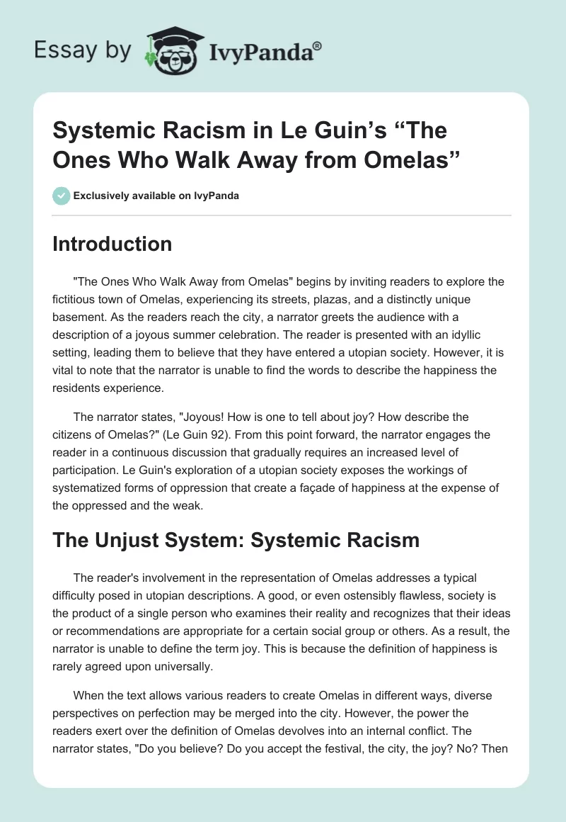 Systemic Racism in Le Guin’s “The Ones Who Walk Away from Omelas”. Page 1