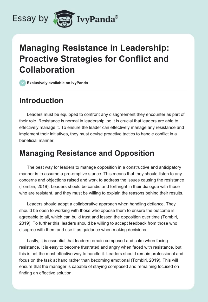 Managing Resistance in Leadership: Proactive Strategies for Conflict and Collaboration. Page 1