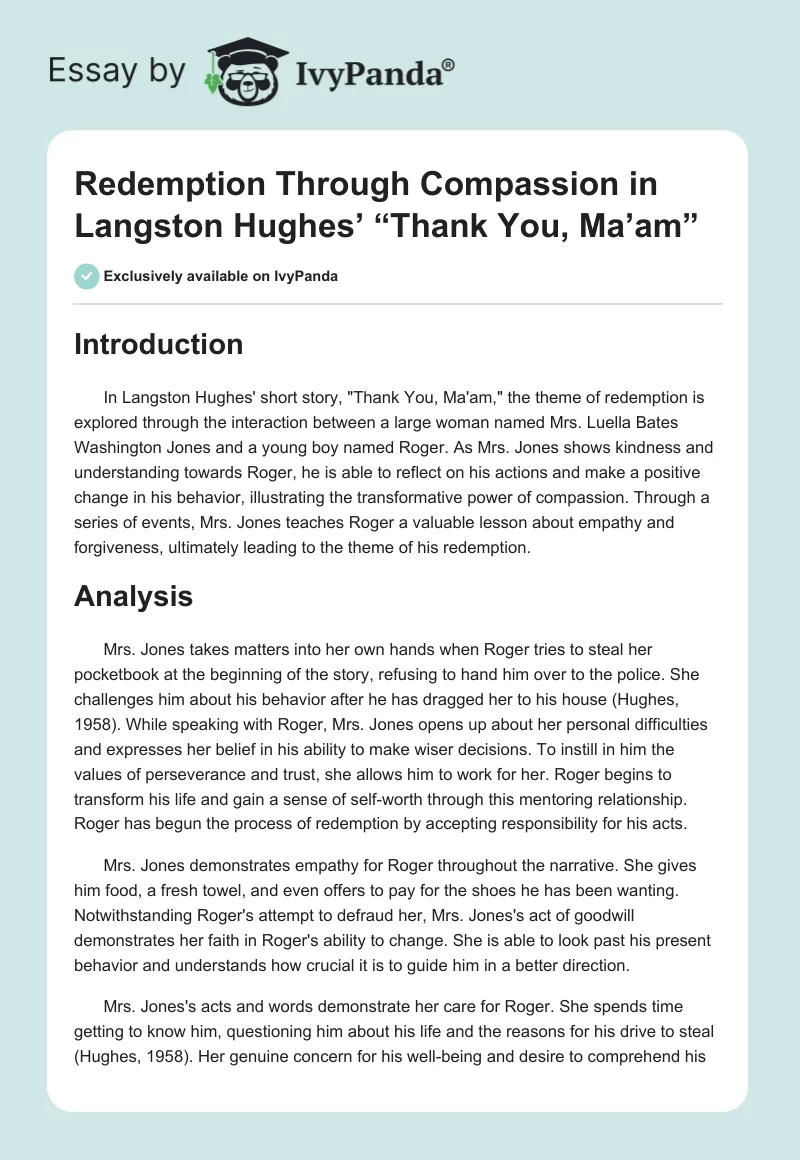 Redemption Through Compassion in Langston Hughes’ “Thank You, Ma’am”. Page 1