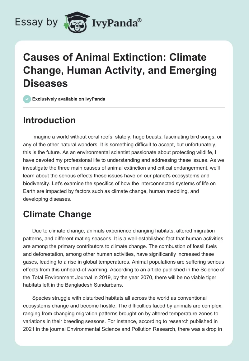 Causes of Animal Extinction: Climate Change, Human Activity, and Emerging Diseases. Page 1