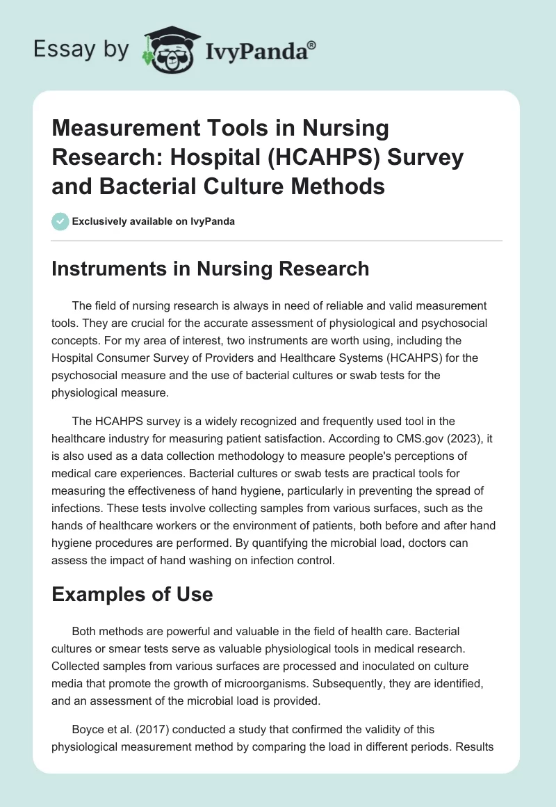 Measurement Tools in Nursing Research: Hospital (HCAHPS) Survey and Bacterial Culture Methods. Page 1
