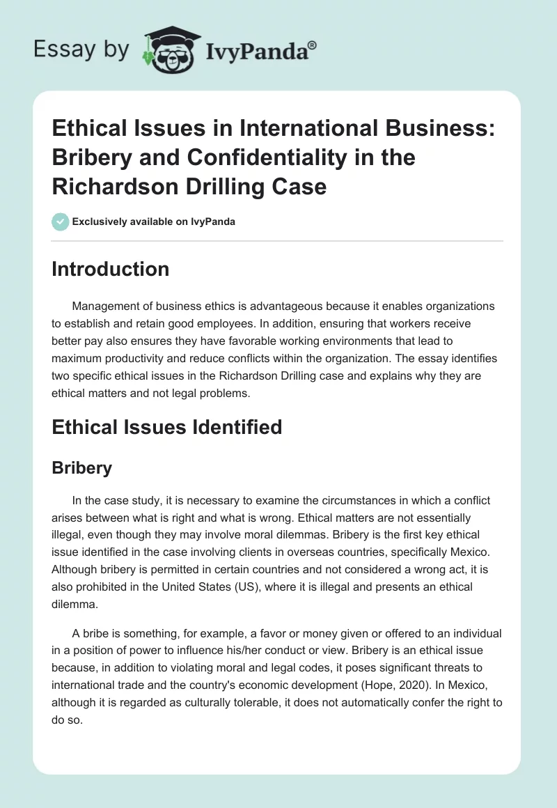 Ethical Issues in International Business: Bribery and Confidentiality in the Richardson Drilling Case. Page 1