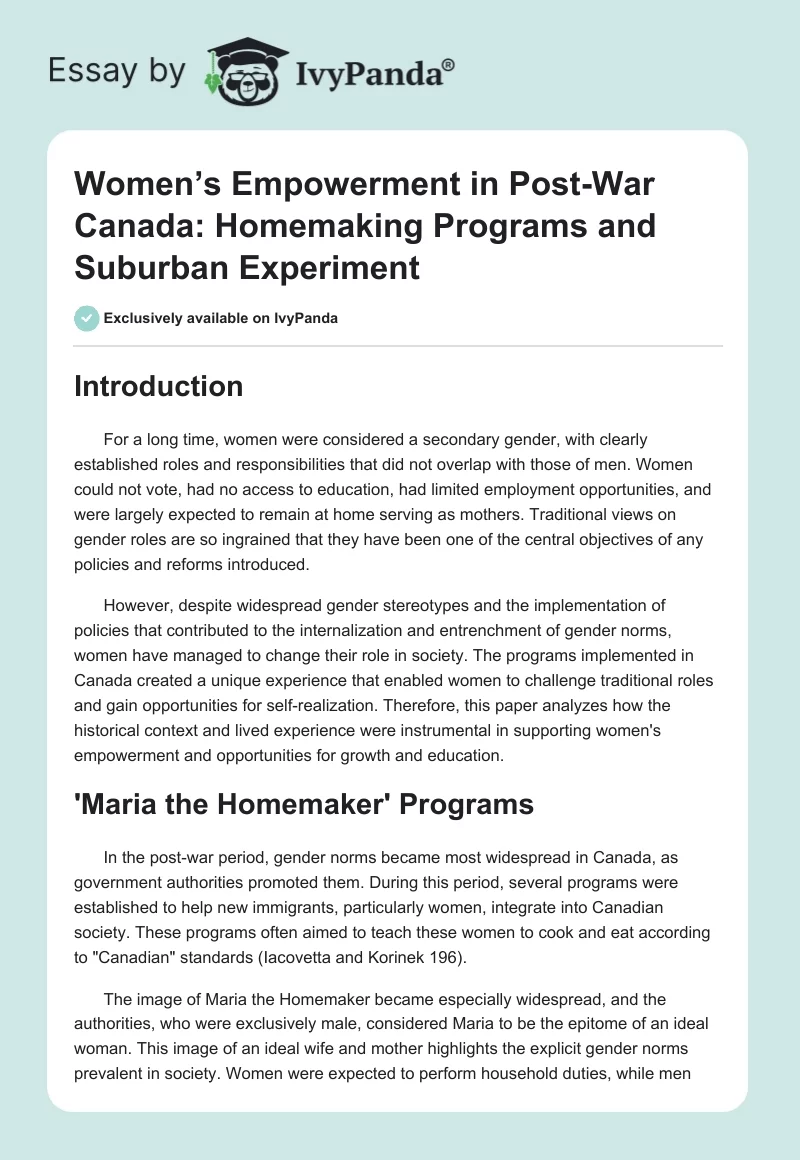Women’s Empowerment in Post-War Canada: Homemaking Programs and Suburban Experiment. Page 1