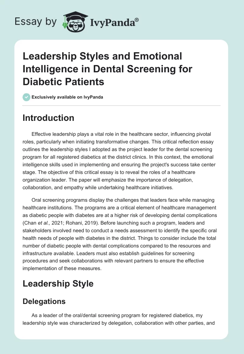 Leadership Styles and Emotional Intelligence in Dental Screening for Diabetic Patients. Page 1