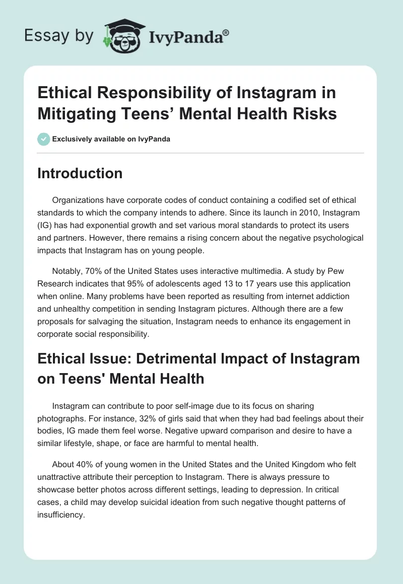 Ethical Responsibility of Instagram in Mitigating Teens’ Mental Health Risks. Page 1