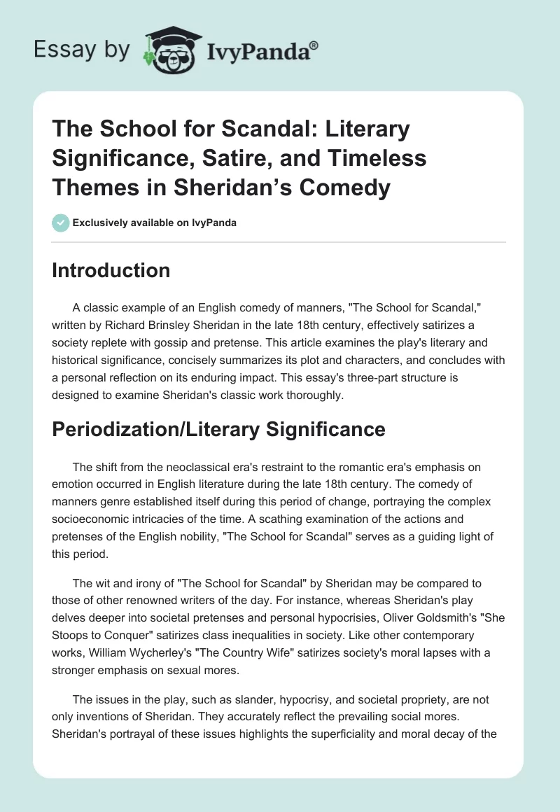 The School for Scandal: Literary Significance, Satire, and Timeless Themes in Sheridan’s Comedy. Page 1