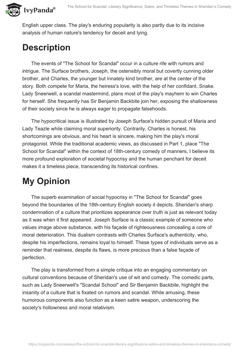 The School for Scandal: Literary Significance, Satire, and Timeless Themes in Sheridan’s Comedy. Page 2
