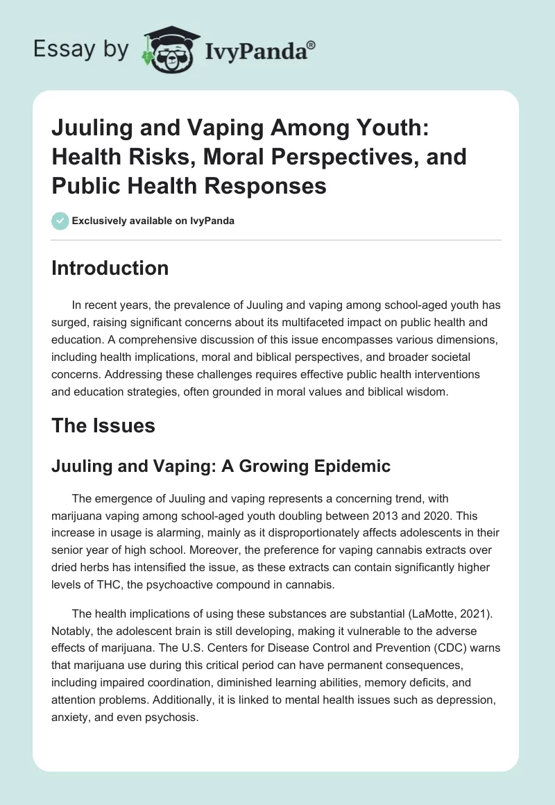 Juuling and Vaping Among Youth: Health Risks, Moral Perspectives, and Public Health Responses. Page 1