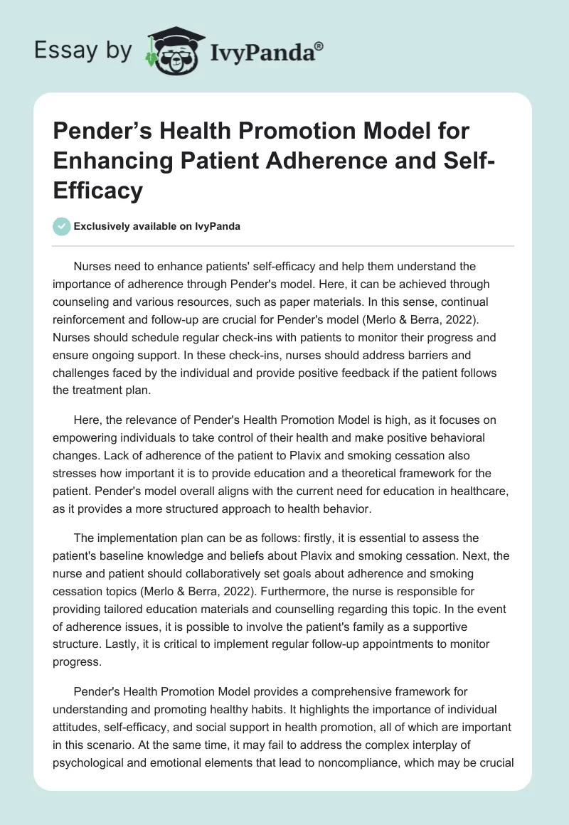 Pender’s Health Promotion Model for Enhancing Patient Adherence and Self-Efficacy. Page 1