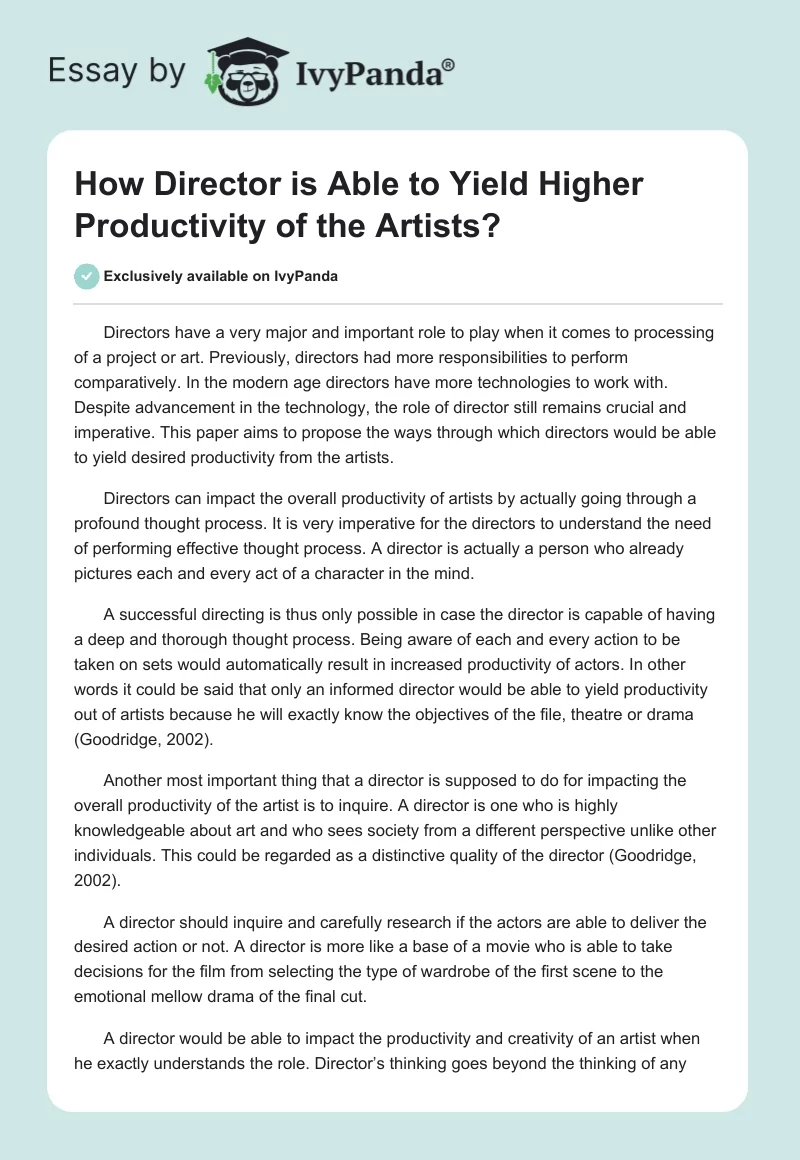 How Director is Able to Yield Higher Productivity of the Artists?. Page 1