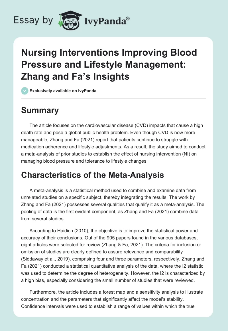 Nursing Interventions Improving Blood Pressure and Lifestyle Management: Zhang and Fa’s Insights. Page 1