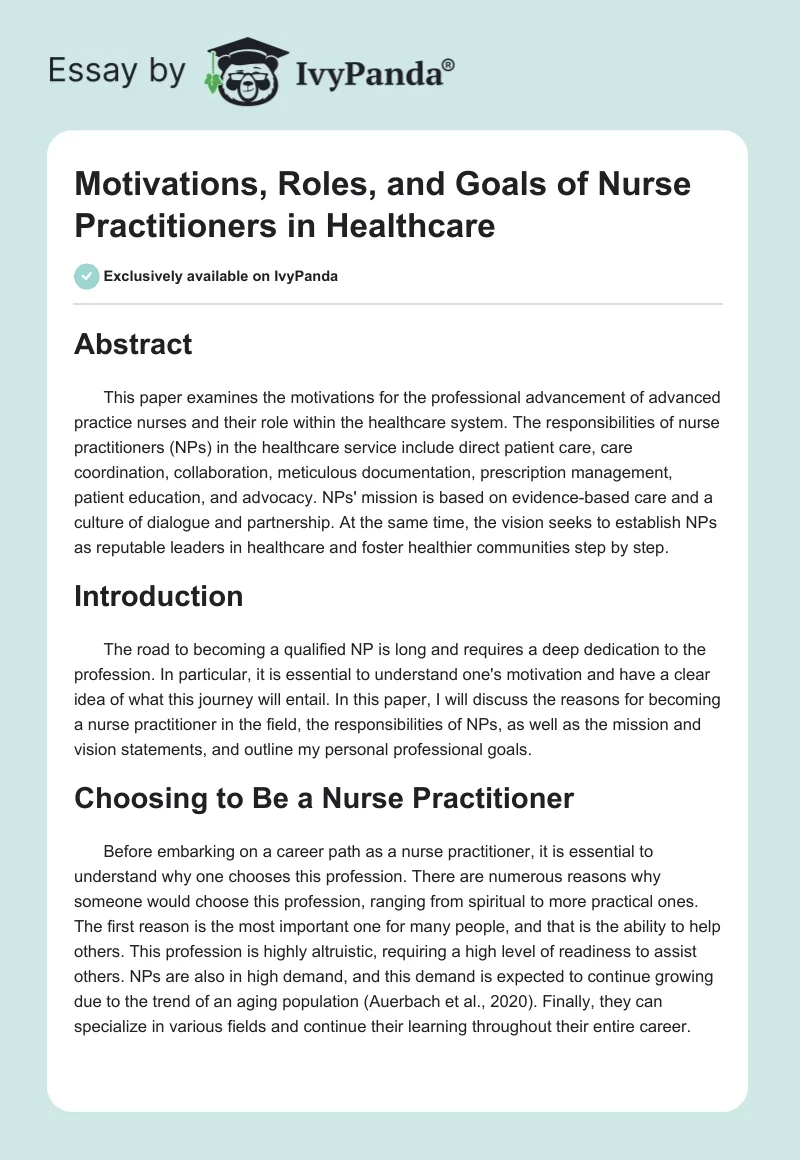 Motivations, Roles, and Goals of Nurse Practitioners in Healthcare. Page 1