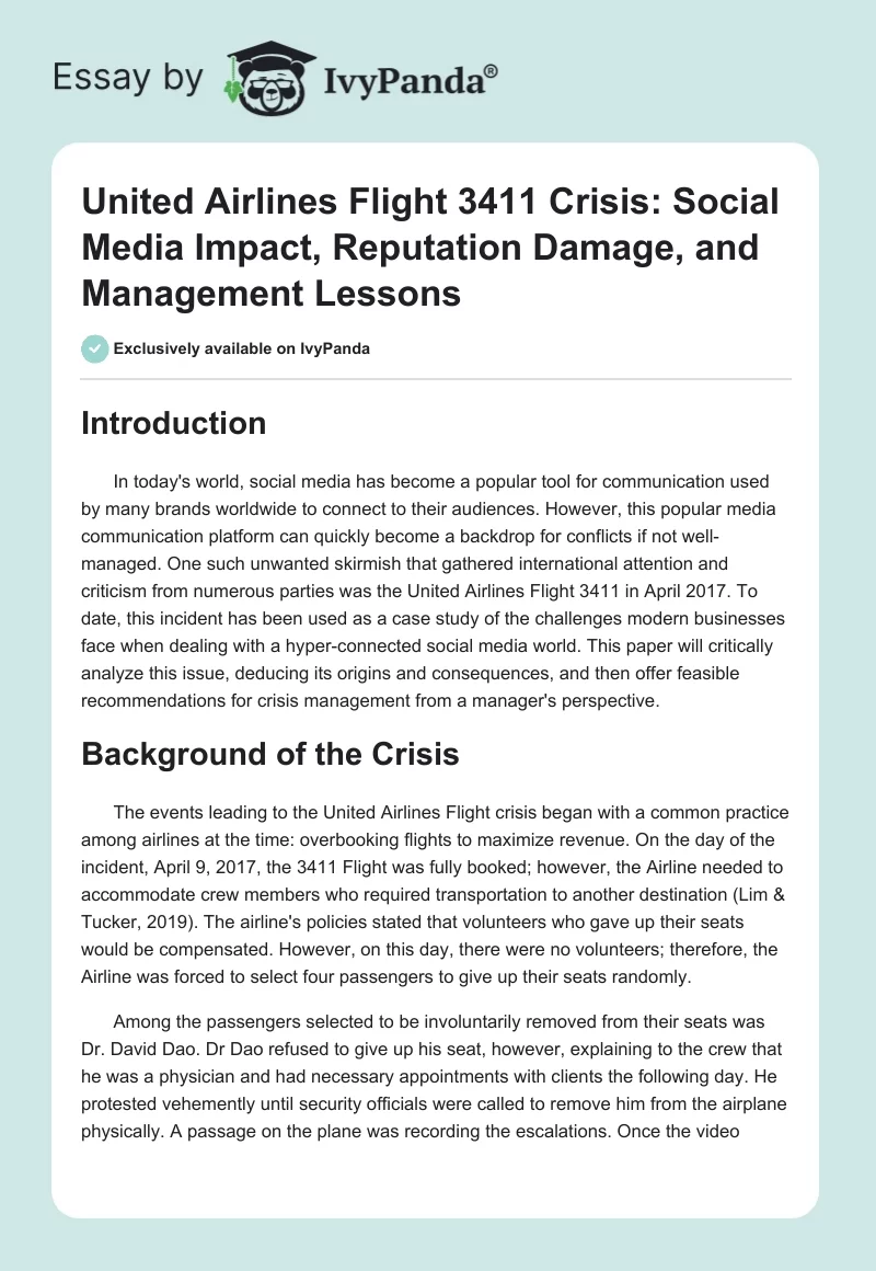 United Airlines Flight 3411 Crisis: Social Media Impact, Reputation Damage, and Management Lessons. Page 1