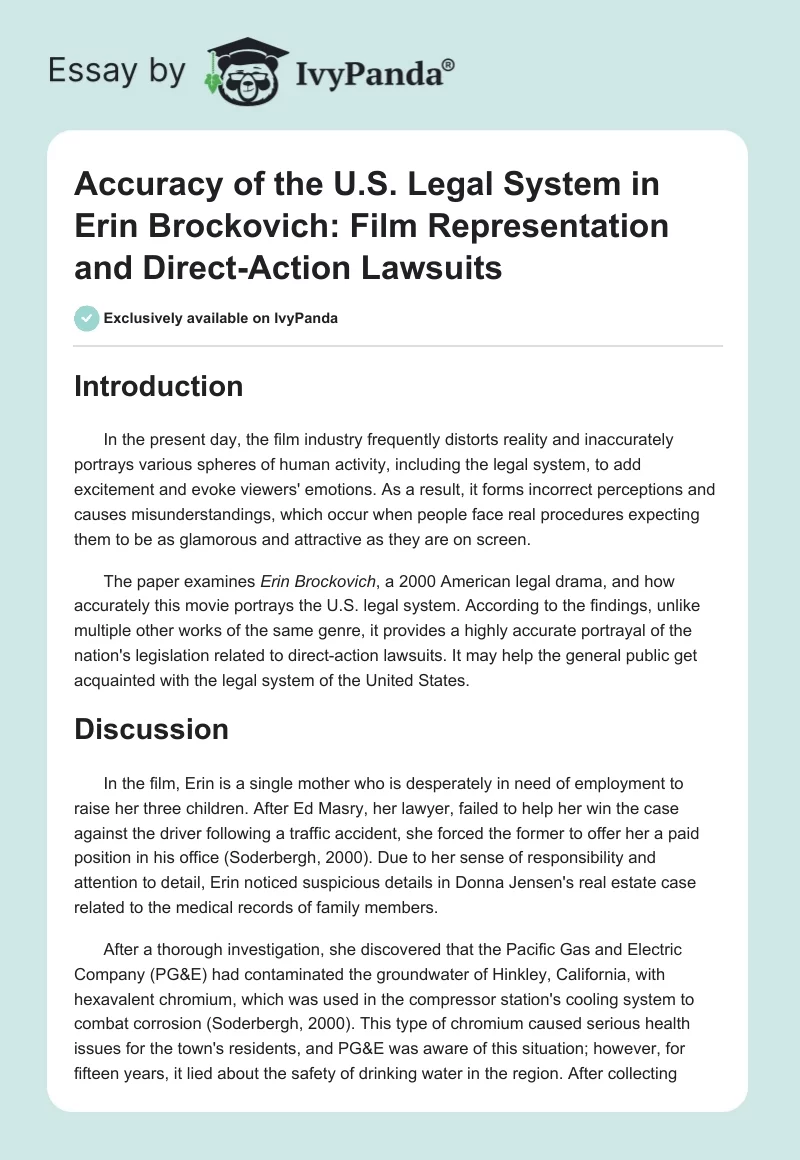 Accuracy of the U.S. Legal System in Erin Brockovich: Film Representation and Direct-Action Lawsuits. Page 1