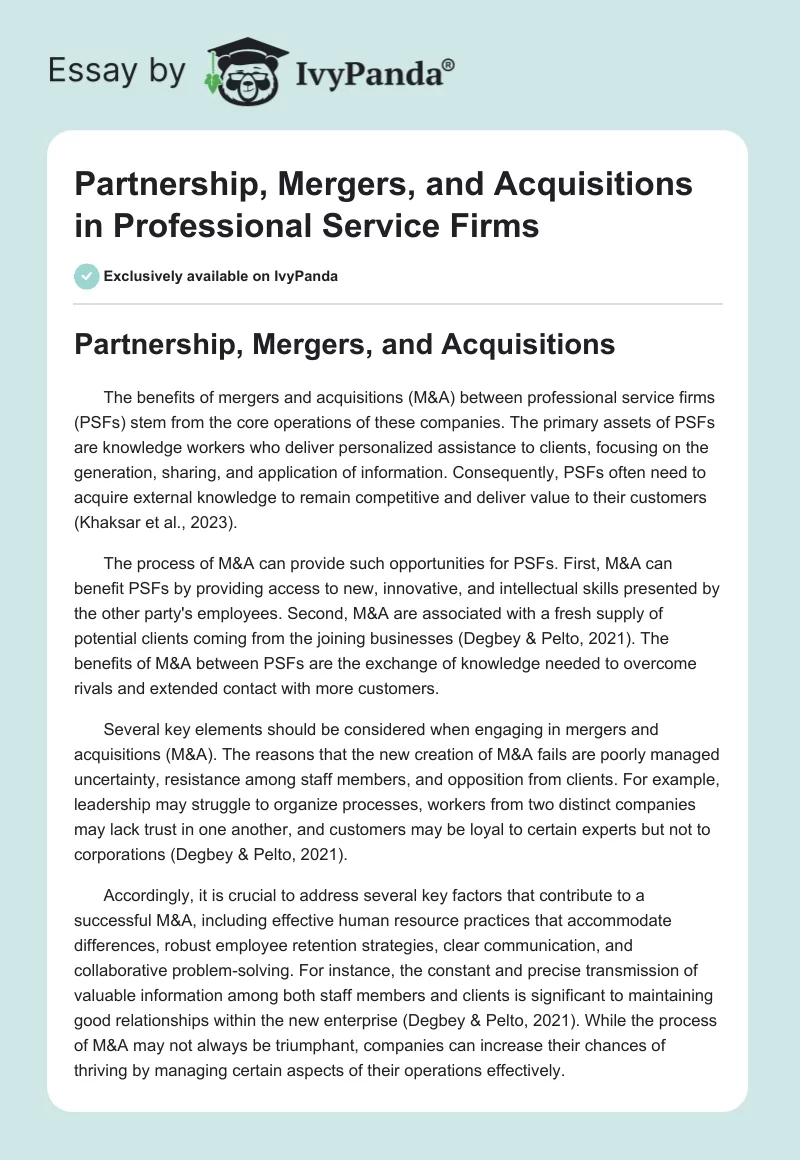 Partnership, Mergers, and Acquisitions in Professional Service Firms. Page 1