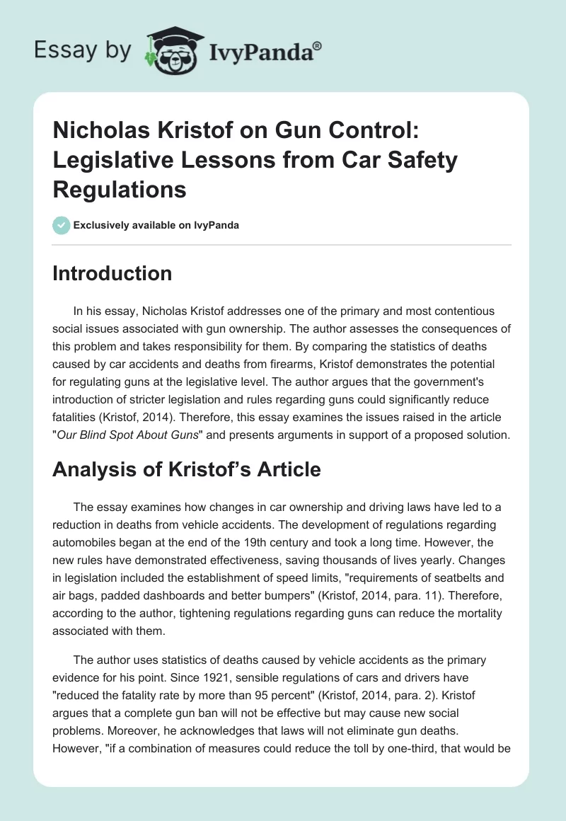 Nicholas Kristof on Gun Control: Legislative Lessons from Car Safety Regulations. Page 1