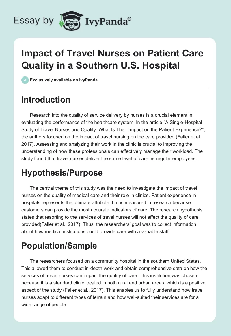 Impact of Travel Nurses on Patient Care Quality in a Southern U.S. Hospital. Page 1