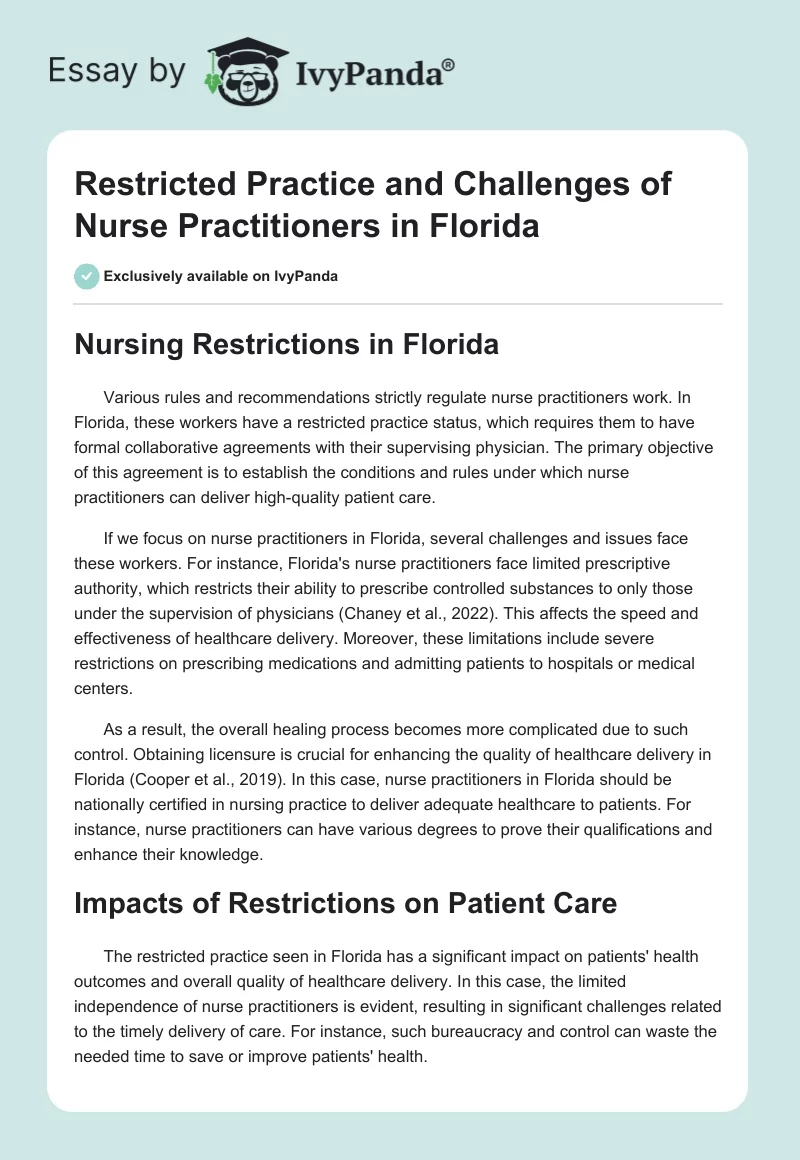 Restricted Practice and Challenges of Nurse Practitioners in Florida. Page 1