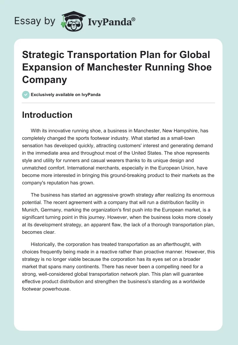 Strategic Transportation Plan for Global Expansion of Manchester Running Shoe Company. Page 1